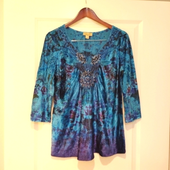 ONE WORLD Tops - One World Velvet Tunic Top Blouse 3/4 Sleeve Blue Turquoise Medium M Boho Sequin